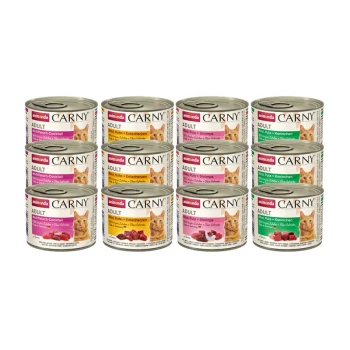 Carny Nassfutter Katze Adult, Mixpaket Fleischauswahl 12x200 g Mixpaket 2 Zwölf Dosen Animonda Carny Katzenfutter für Erwachsene, mit Geschmäckern wie Multi-Fleisch-Cocktail, Huhn & Entenherzen und Truthahn & Garnelen.