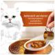 Weiße langhaarige Katze neben einem Löffel Nassfutter, während Sauce eingegossen wird; deutscher Text: 'Jederzeit servieren... Genussmoment'.