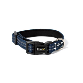 Blaues verstellbares Hundehalsband mit schwarzer Kunststoffschnalle mit Aufdruck lionto, Metall-D-Ring und Größenangabe 1,5 cm.
