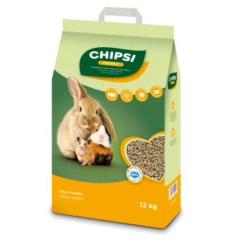 Worek pelletów z kukurydzy CHIPSİ Family dla małych zwierząt (12 kg) z wizerunkami królika, świnki morskiej i chomika oraz okienkiem w kształcie serca.