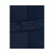 Nahaufnahme eines marineblauen Haustieroutfits mit einer dekorativen Strassverzierung in Form eines Pferdegebisses.