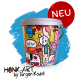 Bunter Futternapf für Haustiere mit verspielten Cartoon-Tieren und Designs, beschriftet mit "NEU" in Rot, mit "Honk-Art von Jürgen Kadel" am Boden.