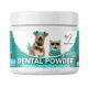 White jar of NutriPaw Dental Powder for pets, teal label with dog and cat in teal sunglasses, visible text 'DENTAL POWDER'.