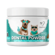 White jar of NutriPaw Dental Powder for pets, teal label with dog and cat in teal sunglasses, visible text 'DENTAL POWDER'.