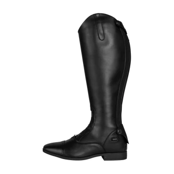 Schwarze Lederreitstiefel mit einem schlanken Design, mit einer abgerundeten Spitze, Schnürdetails und einem Knopfverschluss an der Seite.