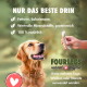 Golden Retriever betrachtet ein von Hand gereichtes Leckerli; deutscher Werbetext 'NUR DAS BESTE DRIN' mit aufgelisteten Vorteilen und FOURLEGS natural dogfood-Logo.