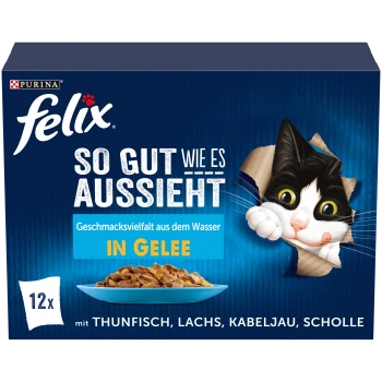 Felix kattenvoerdoos met een zwart-witte kat, vis smaken in gelei en tekst in het Duits op een blauwe achtergrond.