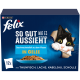 Felix Katzenfutterdose mit einer schwarz-weißen Katze, Fischgeschmack in Gelee und deutschem Text auf blauem Hintergrund.