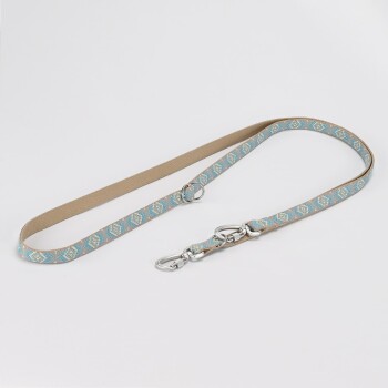 Eine stilvolle Hundeleine mit einem hellblauen gemusterten Design mit Rautenformen, ergänzt durch einen beigen Riemen und Metallclips.