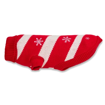 Rot-weiß gestreifter gestrickter Hundepullover mit weißen Schneeflockenmotiven sowie geripptem Kragen und Beinöffnungen.
