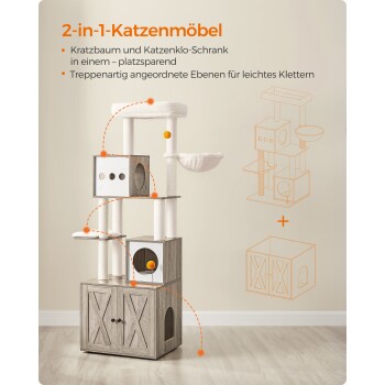 2-in-1 Katzenmöbel mit einem Kratzbaum und einem Katzenklo-Schrank, mit gestuften Ebenen für einfaches Klettern und verspielten Designelementen.