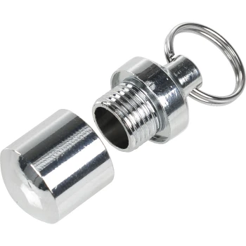 Metallic pet ID tag holder with a screw cap and keyring, designed for attaching identification tags to pet collars.