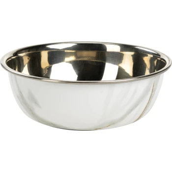 Bol de nourriture pour animaux de compagnie en acier inoxydable avec un intérieur brillant et un bord poli, adapté pour les chiens ou les chats.