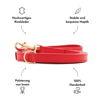 Rote Leder-Hundeleine mit goldenen Beschlägen, mit Text, der hochwertige Materialien, Komfort, Polsterung und handwerkliche Verarbeitung hervorhebt.