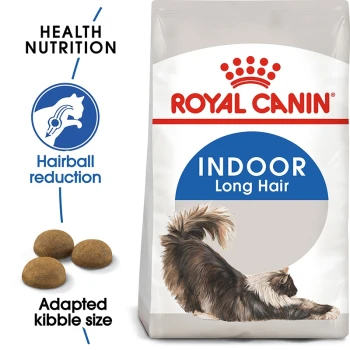Royal Canin Indoor Long Hair cat food bag featuring a stretching long-haired cat, with text highlighting hairball reduction and adapted kibble size.