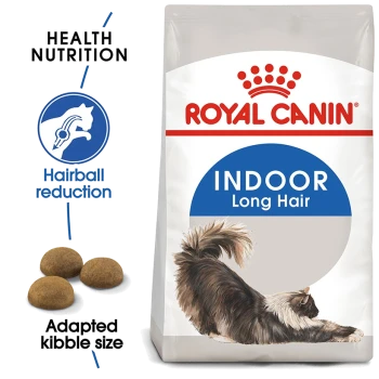 Royal Canin Indoor Long Hair cat food bag featuring a stretching long-haired cat, with text highlighting hairball reduction and adapted kibble size.