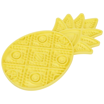 Gelbes, an eine Ananas erinnerndes Silikon-Kauspielzeug für Haustiere mit strukturierter Oberfläche und erhabenen Mustern.