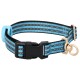Blaues und schwarzes Haustierhalsband mit reflektierenden Streifen, ausgestattet mit einer Kunststoffschnalle und einem Metall-D-Ring zur Leinenbefestigung.