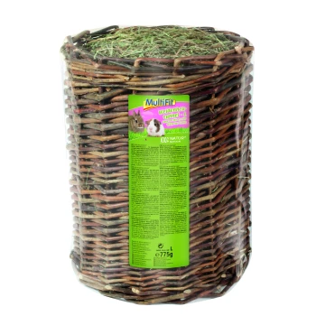 Willow-Heu-Tunnel für kleine Haustiere, beschriftet mit 'Multifit Weidenheu Tunnel - L', mit grünem Hintergrund und Bildern eines Kaninchens und eines Meerschweinchens.