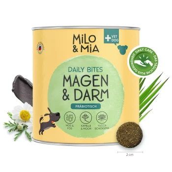Dose Milo & Mia Daily Bites für Hunde, beschriftet mit "Magen & Darm," mit präbiotischen Inhaltsstoffen, neben einer kleinen runden Leckerei.