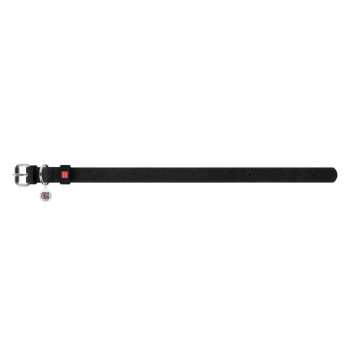 Zwarte leren hondenhalsband met zilverkleurige gesp, ronde ID-tag en klein rood logo.