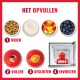Infographic 'HET OPVULLEN' met kommen voer, yoghurt, stukjes appel en bosbessen en stappen 1 MIXEN 2 VULLEN 3 AFSLUITEN 4 INVRIEZEN, met afbeelding van een rood KONG-speelgoed.
