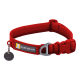 Rote Hundehalsband von Ruffwear, mit einem silbernen D-Ring und einem schwarzen Etikett mit einem durchgestrichenen Glockensymbol.