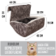 Braunes Haustierbett mit weichem Innenraum, Maße: 44x25x30x19 cm. Text: "Rundum gepolsterte Liegefläche" und "Für große Katzen geeignet."