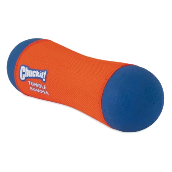 Chuckit! Tumble Bumper dog toy, orange fabric center with blue rubber ends, designed for fetch and water play.
