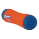 Chuckit! Tumble Bumper dog toy, orange fabric center with blue rubber ends, designed for fetch and water play.