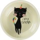 A round pet bowl featuring a whimsical black cat with a rainbow unicorn horn and a colorful curly tail, with the text "i'm a CATicorn."
