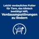 Leicht verdauliches Tierfutter, klinisch erwiesen zur Linderung von Verdauungsstörungen, mit Hund- und Gesundheits-Symbol auf blauem Hintergrund.