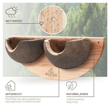 Ein Holzvogelhaus mit zwei Ton-Nistkammern, beschriftet mit "WETTERFEST", "ARTGERECHT" und "NATURBELASSEN", das umweltfreundliche Materialien zeigt.