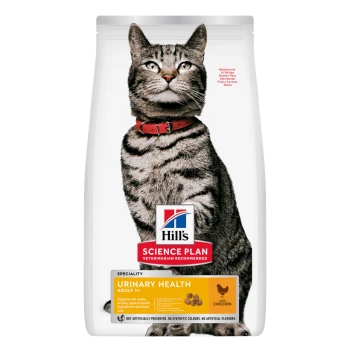 Hill's Science Plan cat food bag with tabby wearing red collar; Urinary Health Adult 1+ with Chicken label