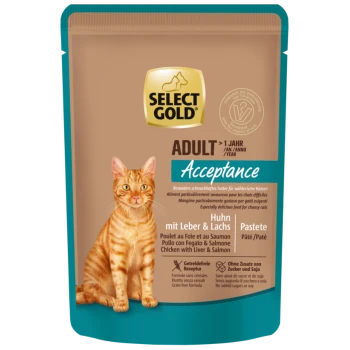 Select Gold Adult Acceptance Katzenfutterbeutel mit orange getigertem Kater, Huhn mit Leber- & Lachs-Pâté, getreidefrei, ohne Zucker oder Soja.