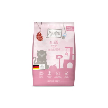 Rosa Mjamjam-Kitten-Trockenfutterbeutel mit der Aufschrift 'KITTEN FRISCHES GEFLÜGELFLEISCH', Katzenmotiv und deutschem Qualitätslabel.