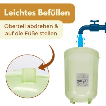 Grüner Trinkwasserbehälter am Wasserhahn, Nahaufnahme der Lasche; Text: Leichtes Befüllen - Oberteil abdrehen & auf die Füße stellen