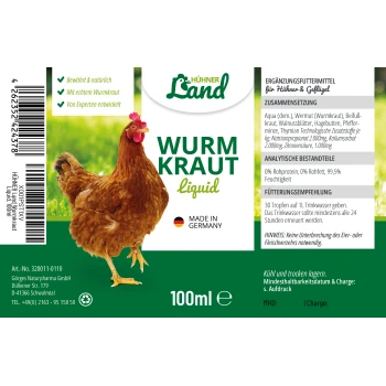 Flüssige Wurmbehandlung für Hühner in einer 110ml Flasche, mit der Aufschrift "Wurm Kraut," hergestellt in Deutschland, mit einer Hühnergrafik.