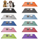 Bild einer Vielzahl von Haustierfütterungsmatten in verschiedenen Farben, jede mit zwei Futternäpfen und Holzhaltern.