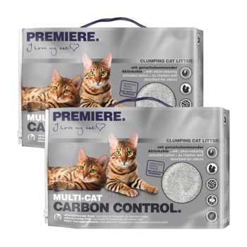 Multi-Cat Klumpstreu 2x12 l Zwei Packungen Premiere Multi-Cat Carbon Control Klumpstreu mit zwei getigerten Katzen auf der Vorderseite, mit Text in Deutsch und Englisch.