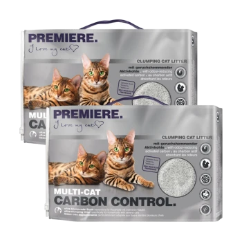 Deux paquets de litière agglomérante Premiere Multi-Cat Carbon Control présentant deux chats tigrés à l'avant, avec du texte en allemand et en anglais.