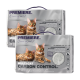 Zwei Packungen Premiere Multi-Cat Carbon Control Klumpstreu mit zwei getigerten Katzen auf der Vorderseite, mit Text in Deutsch und Englisch.