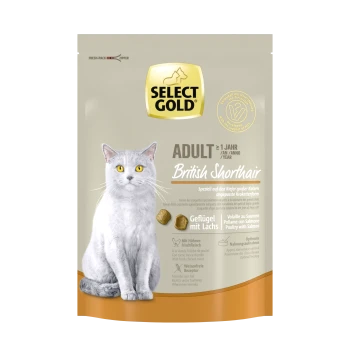 Select Gold Katzenfutterverpackung mit einer Britisch Kurzhaar Katze. Der Text enthält 'ADULT', 'Geflügel mit Lachs' und Nährwertangaben.