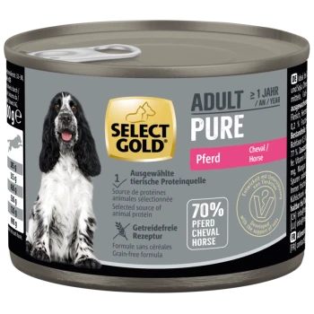 Dose Select Gold Adult Pure Hundefutter mit 70 % Pferdefleisch, getreidefreie Formel und Bild eines schwarz-weißen Hundes auf dem Etikett.