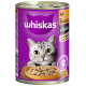 Close-up van het gezicht van een grijze tabby kat op een Whiskas blik, met een kom natvoer. Tekst: "mit Geflügel in Sauce" en "100% Geschmack."