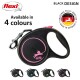 Black flexi dog leash with pink accents, labeled "Available in 4 colours," featuring a quality badge stating "Made in Germany."