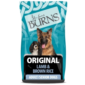 Dog food bag with a German Shepherd and Cavalier King Charles Spaniel, labeled "Burns Original Lamb & Brown Rice" for adult/senior dogs.