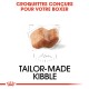 Croquettes conçues pour votre Boxer, présentant un morceau de croquette marron avec un contour esquissé, étiqueté "Croquettes sur mesure."
