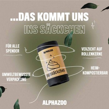 Zylindrisches "Pupsäckchen"-Behälter von ALPHAZOO mit einem Kot-Icon und Text auf umweltfreundlicher, kompostierbarer Verpackung.