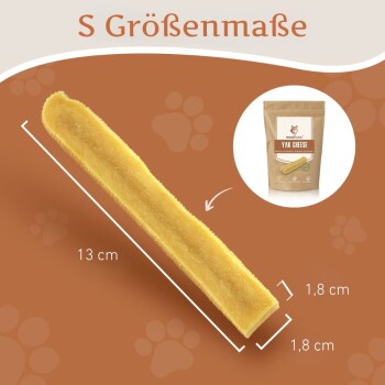 Yak-Käse-Hundeleckerli mit den Maßen 13 cm mal 1,8 cm, mit braunem Hintergrund und Pfotenabdruckmuster, beschriftet mit "S Größenmaße."